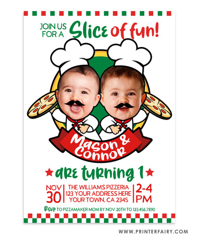 Pizzeria Birthday Party Invitation for Siblings with Photo