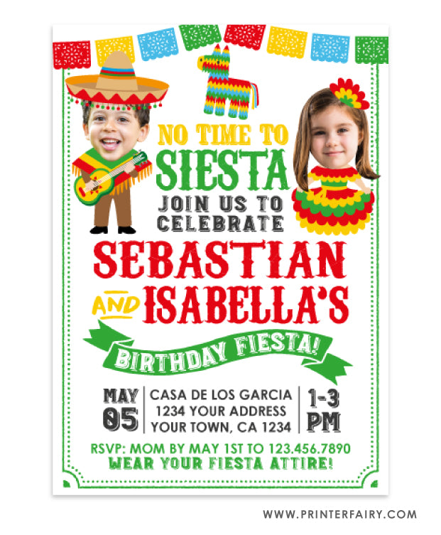 Mariachi & Señorita Fiesta Invitation with Photo for Siblings