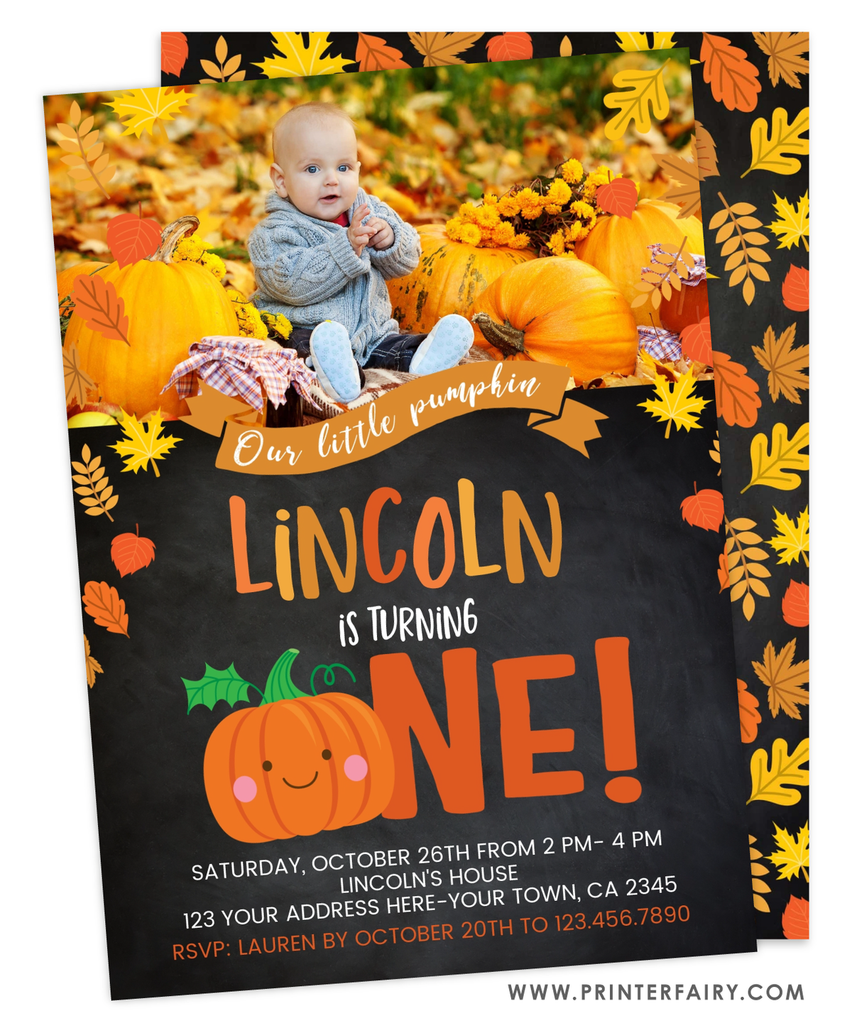 Little Pumpkin First Birthday Invitation with Photo