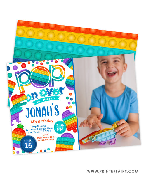 Rainbow Pop It Birthday Invitation with photo