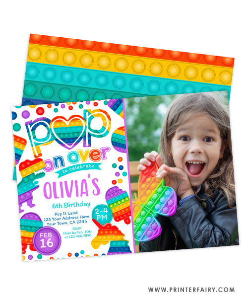 Rainbow Pop It Birthday Invitation with photo