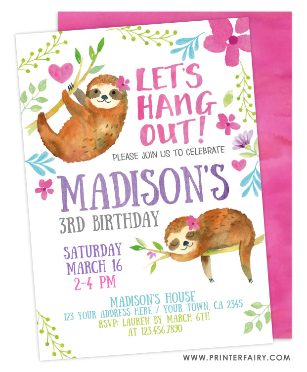 Sloth Birthday Invitation