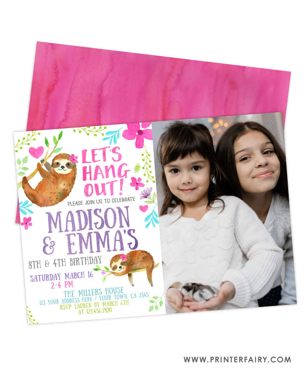 Sloth Siblings Birthday Invitation with Photo