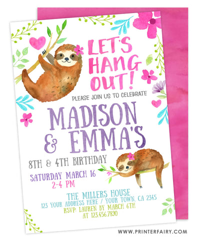 Sloth Siblings Birthday Invitation