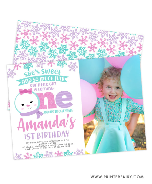 Snow First Birthday Invitation with Photo