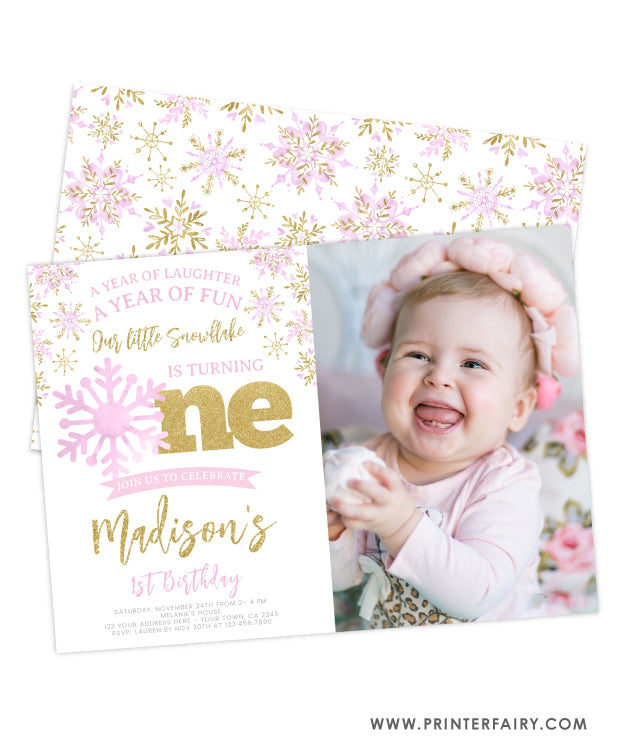 Snowflake First Birthday Invitation with Photo