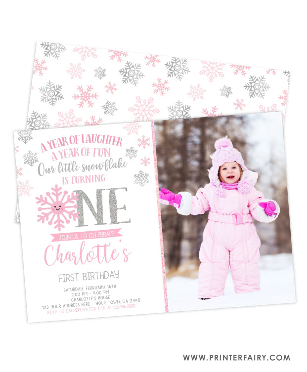 Snowflake First Birthday Invitation with Photo