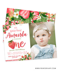 Strawberry First Birthday Invitation with photo