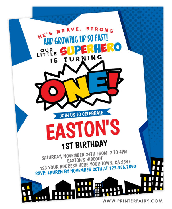 Superhero First Birthday Party Invitation