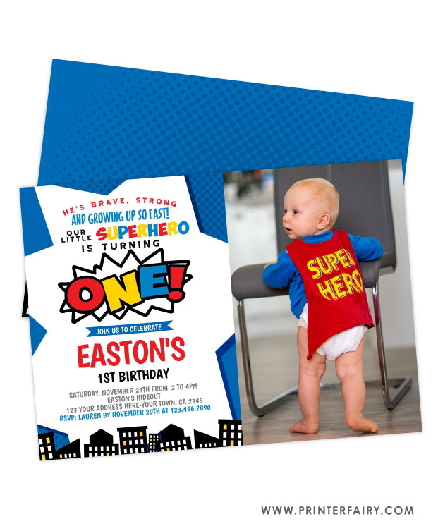 Superhero First Birthday Party Invitation with Photo