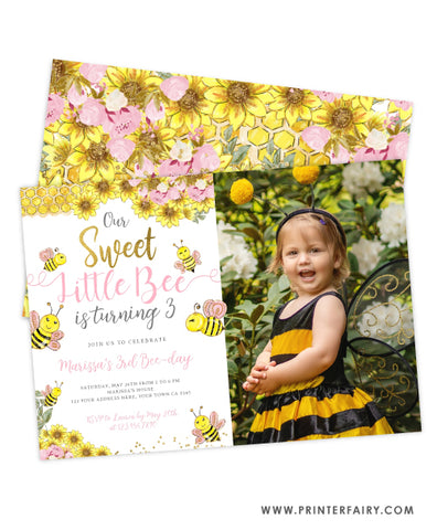 Sweet Little Bee Birthday Invitation with photo