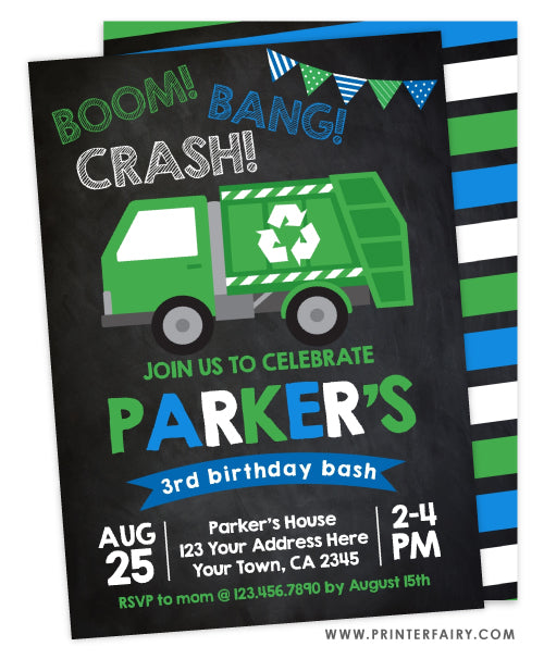 Trash Truck Birthday Party Invitation
