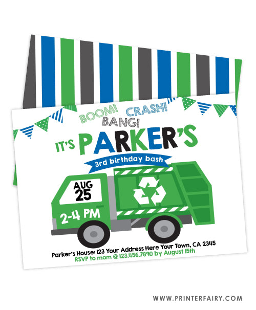 Trash Truck Birthday Party Invitation