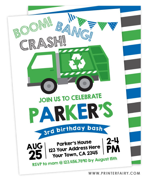 Trash Truck Birthday Party Invitation