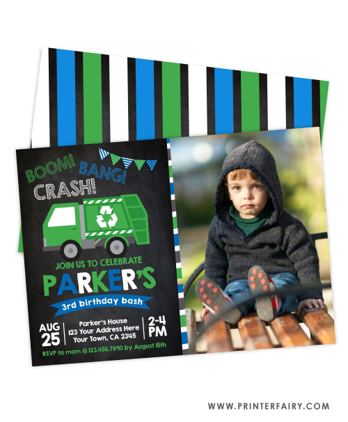 Trash Truck Birthday Party Invitation with photo