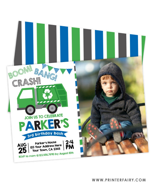 Trash Truck Birthday Party Invitation with photo