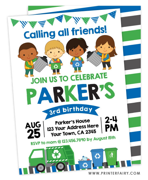 Trash Truck Friends Birthday Party Invitation