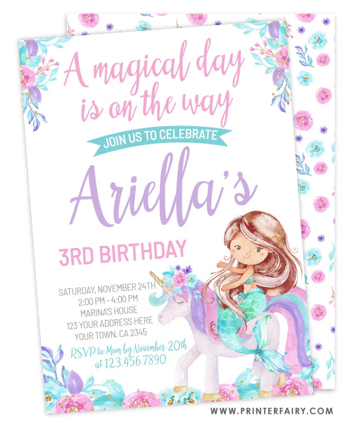 Unicorn and Mermaid Floral Birthday Invitation