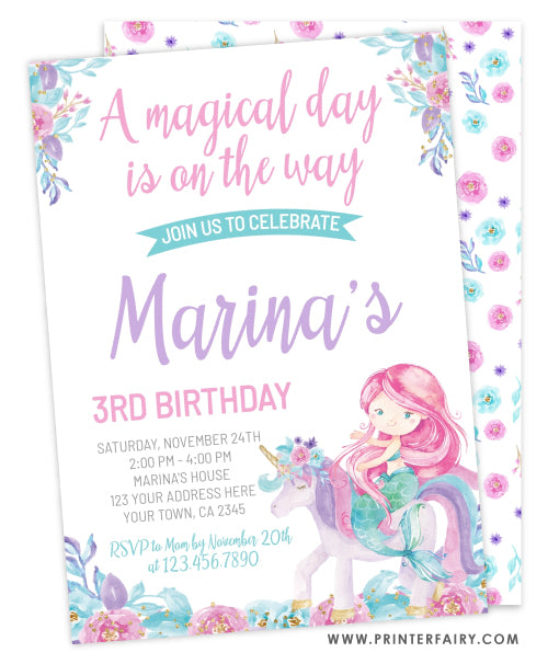 Unicorn and Mermaid Floral Birthday Invitation