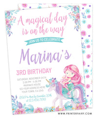 Unicorn and Mermaid Floral Birthday Invitation