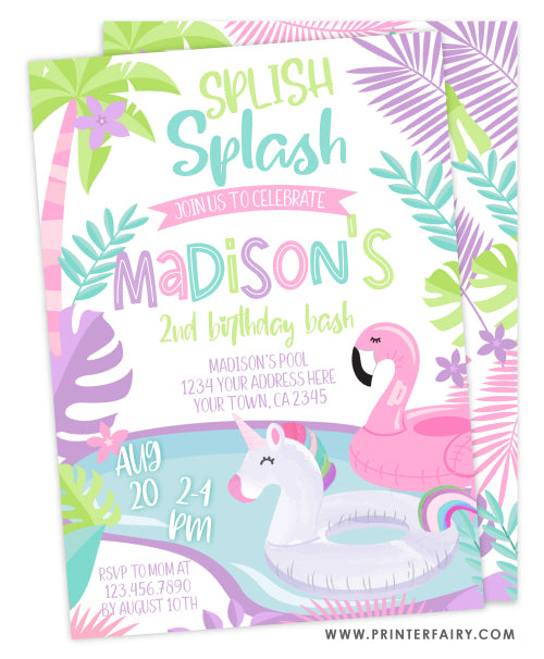 Unicorn & Flamingo Pool Party Invitation