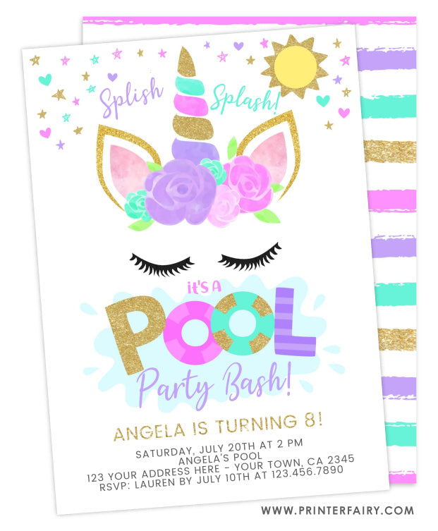 Unicorn Pool Party Birthday Invitation