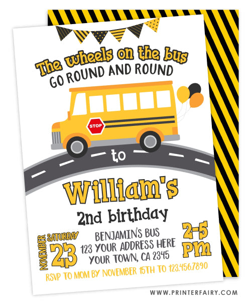 Wheels on the Bus Birthday Party Invitation